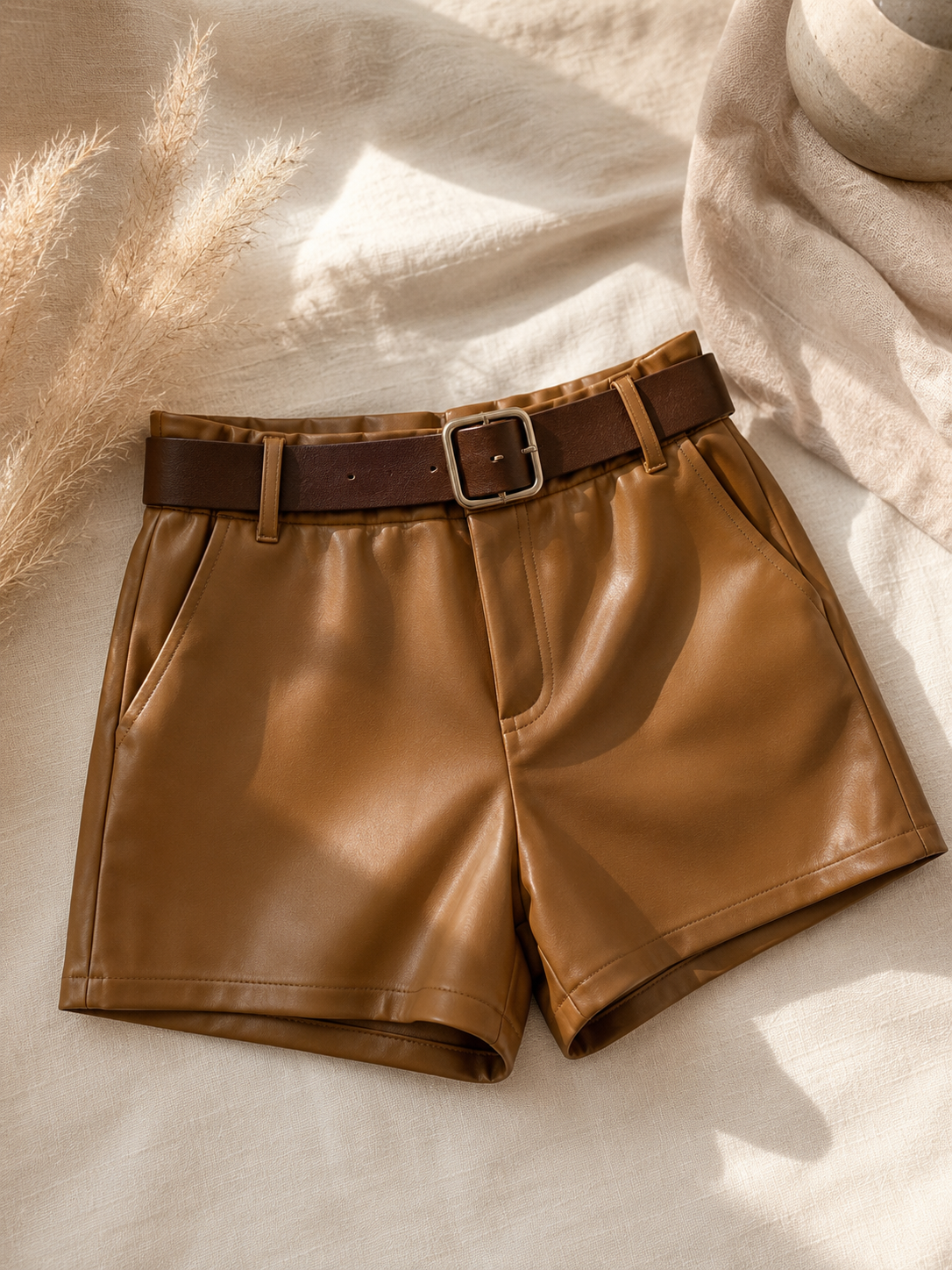 Short simili cuir camel avec ceinture