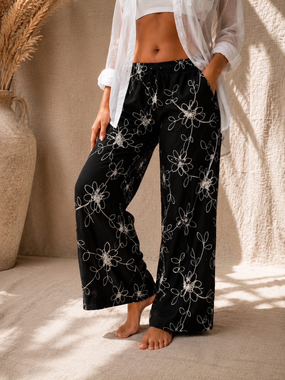 Pantalon Fluide Brodé Noir
