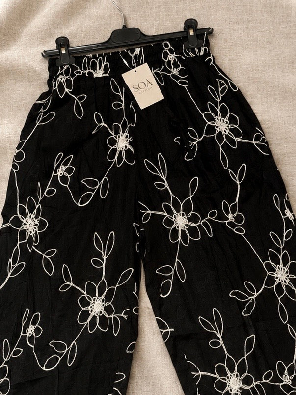 Pantalon Fluide Brodé Noir