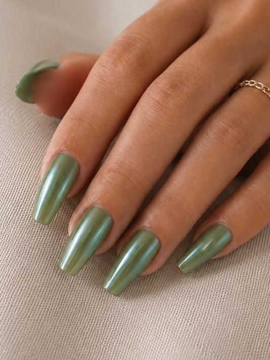 Faux Ongles Vert Sauge Effet Cat Eye Press-On Nails