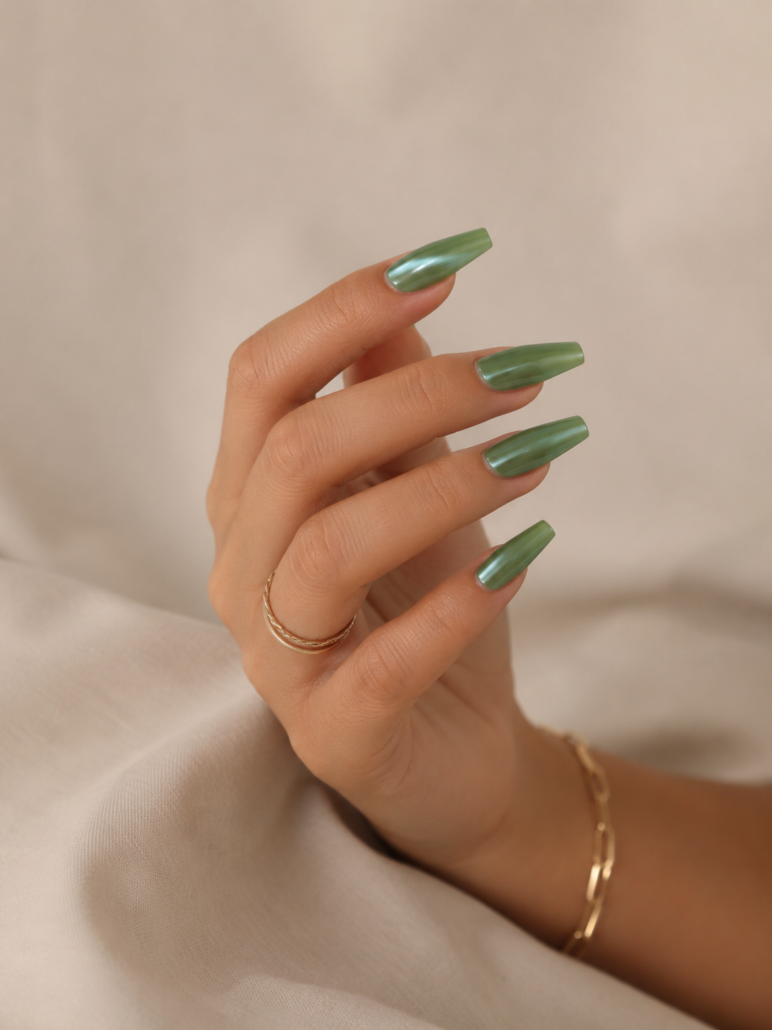 Faux Ongles Vert Sauge Effet Cat Eye Press-On Nails